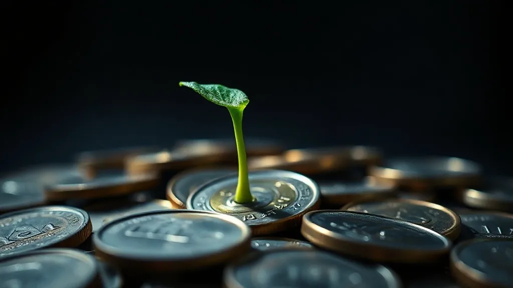 A close-up of a green sprout growing out of a pile of polish