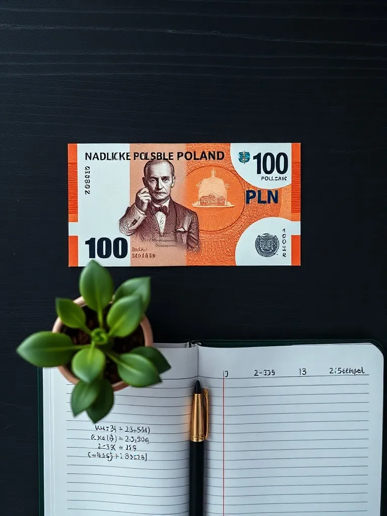 A minimalist flat lay of a Polish 100 PLN banknote, a notebo